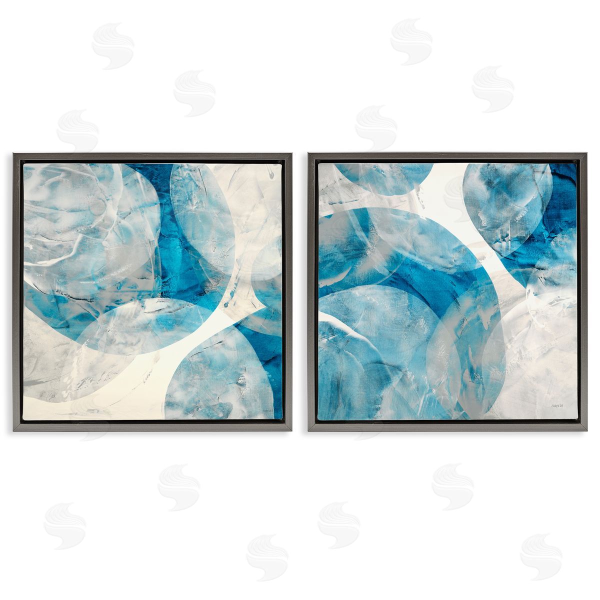 Jeff Iorillo Abstract Teal Cream Circles  Gray Floating Frame Canvas Wall Art Print