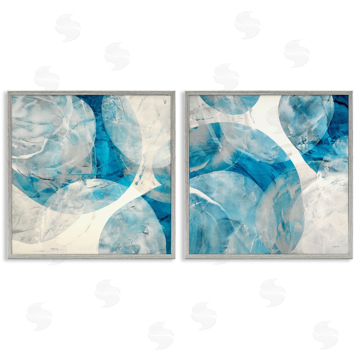 Jeff Iorillo Abstract Teal Cream Circles  Gray Framed Giclee Wall Art Print