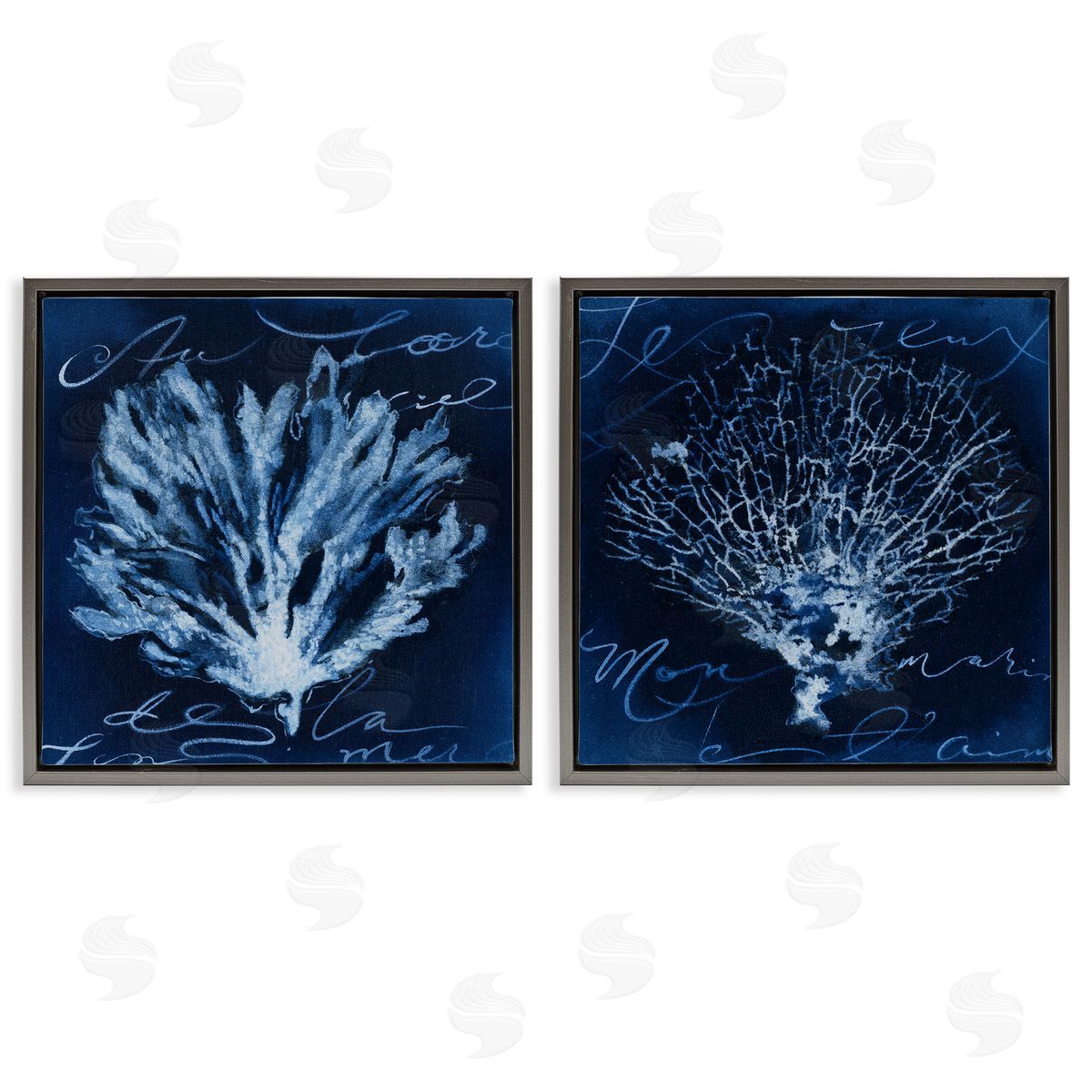 Liz Jardine Dark Blue Coral Pieces Gray Floating Frame Canvas Wall Art Print
