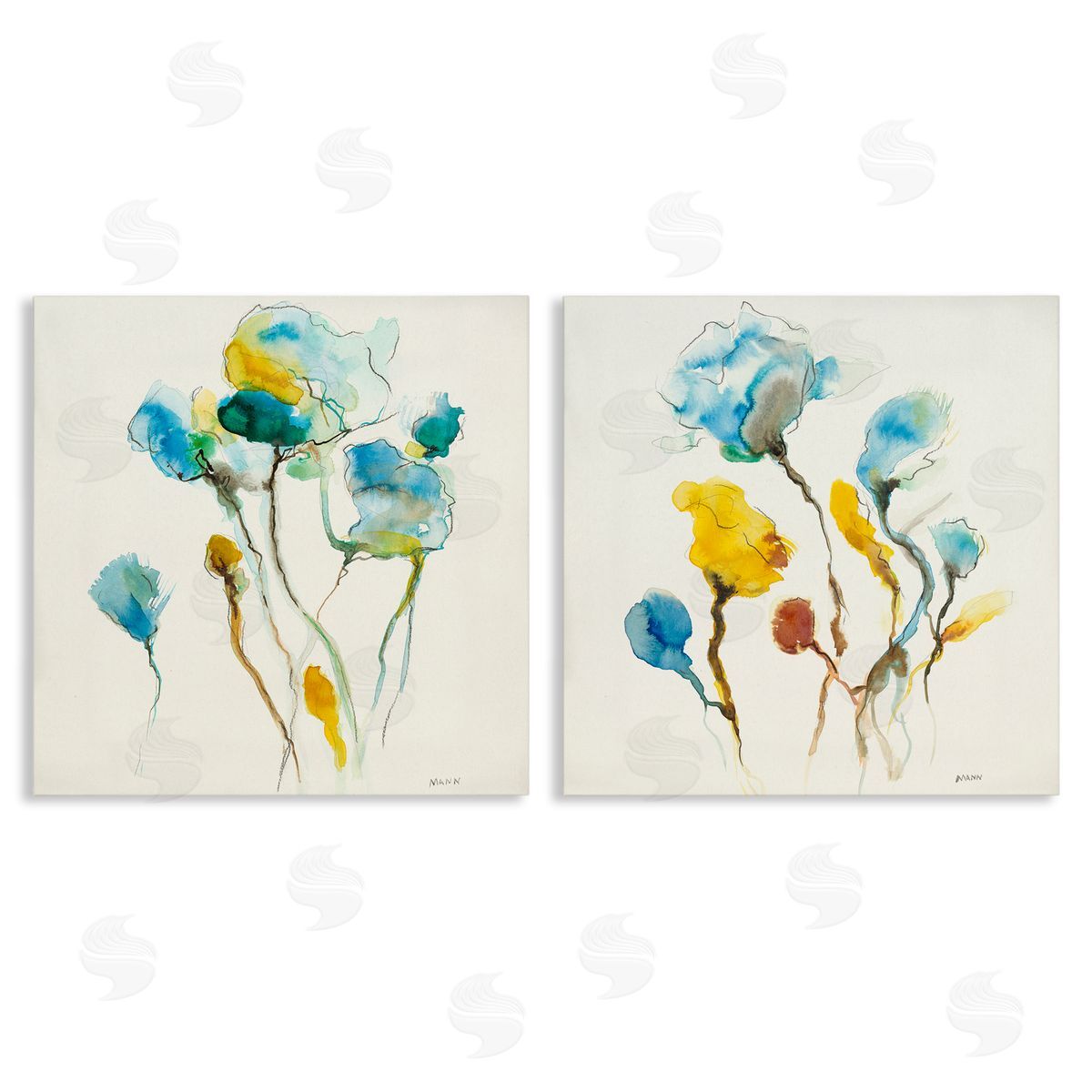 Patti Mann Watercolor Teal & Yellow Flowers Canvas Wall Art Print