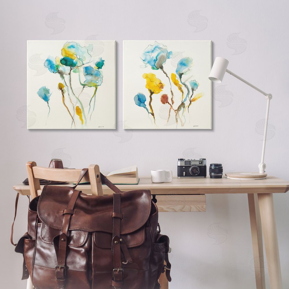 Patti Mann Watercolor Teal & Yellow Flowers Canvas Wall Art Print in Room