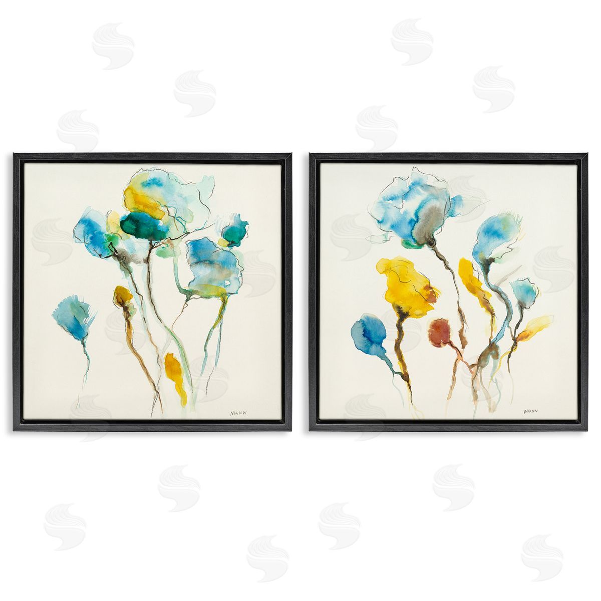 Patti Mann Watercolor Teal & Yellow Flowers Black Floating Frame Canvas Wall Art Print