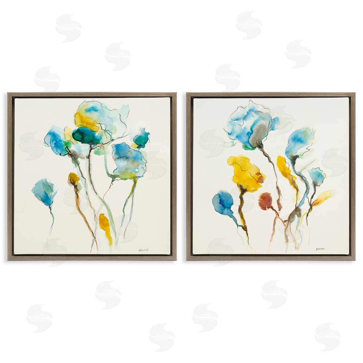 Patti Mann Watercolor Teal & Yellow Flowers Brown Floating Frame Canvas Wall Art Print