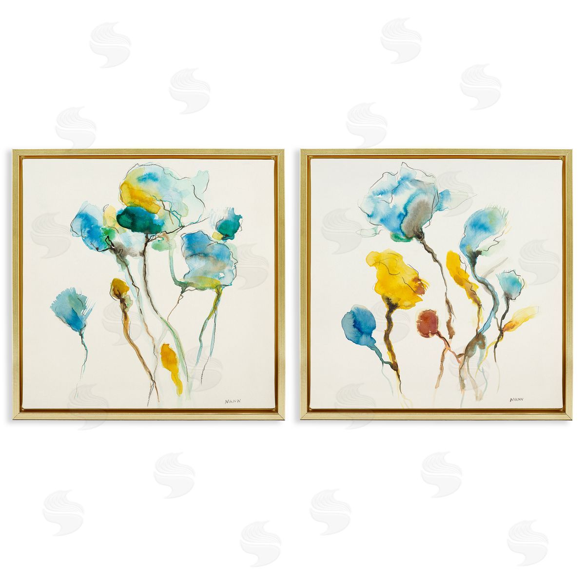 Patti Mann Watercolor Teal & Yellow Flowers Gold Floating Frame Canvas Wall Art Print