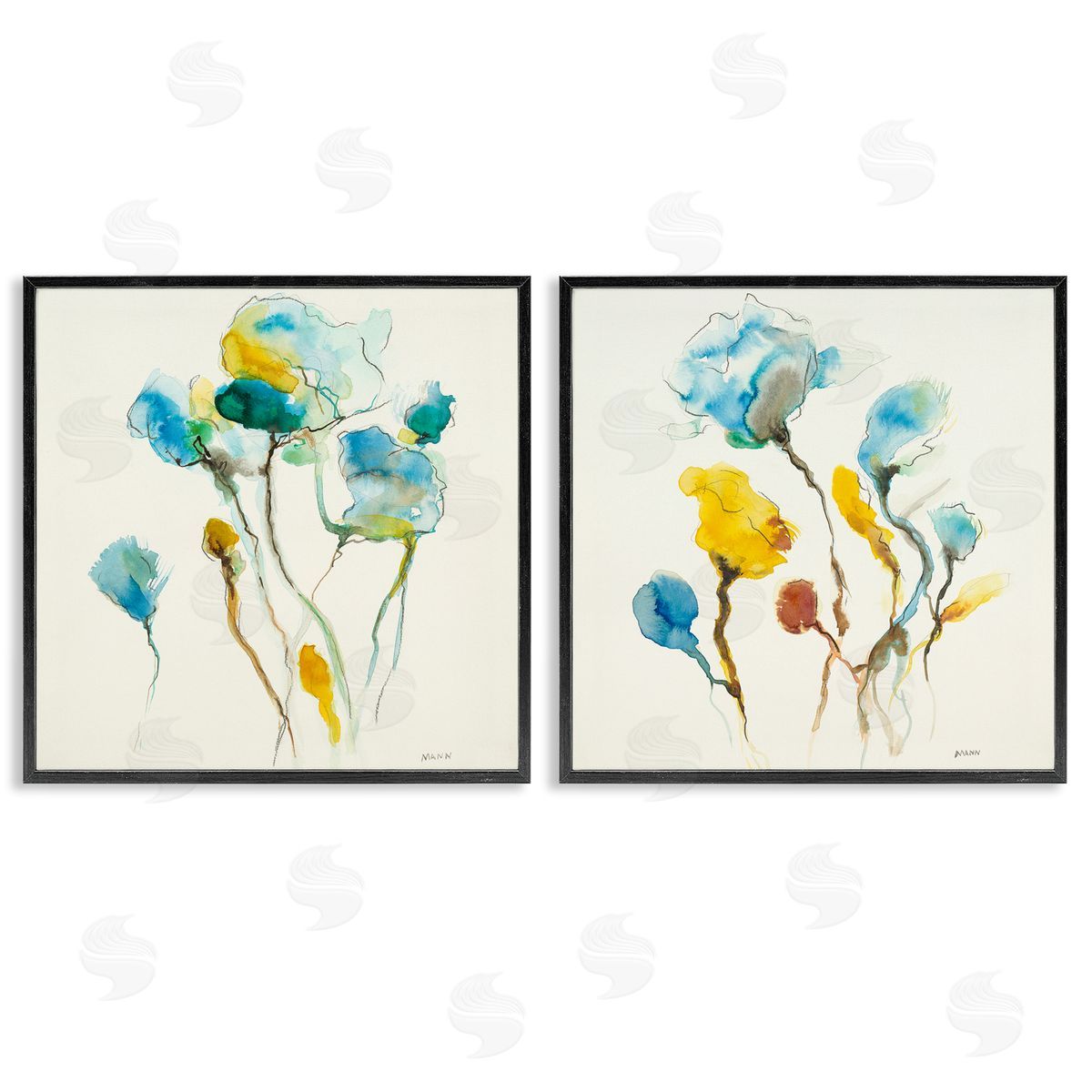 Patti Mann Watercolor Teal & Yellow Flowers Black Framed Giclee Wall Art Print