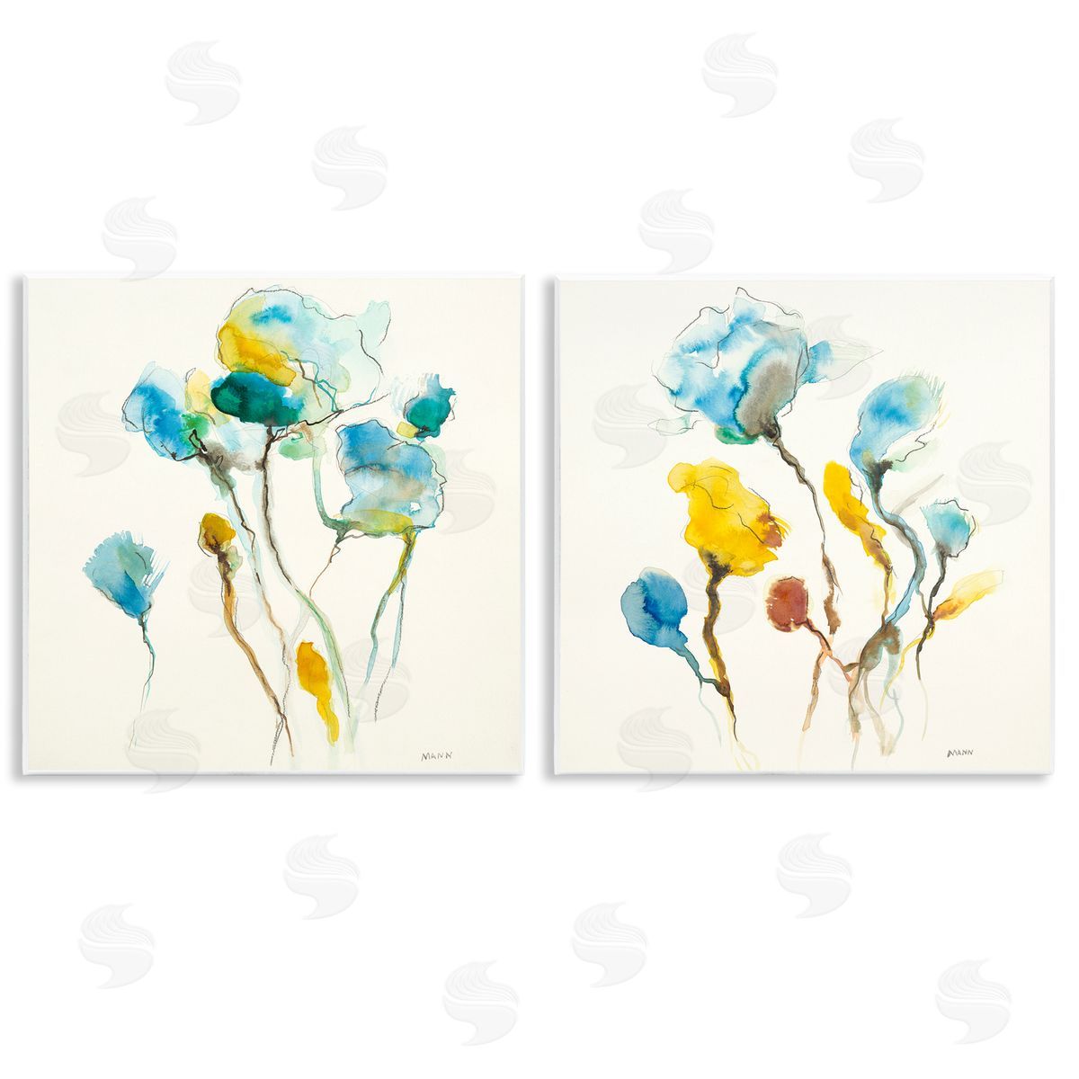 Patti Mann Watercolor Teal & Yellow Flowers Wooden Wall Plaque Art Print