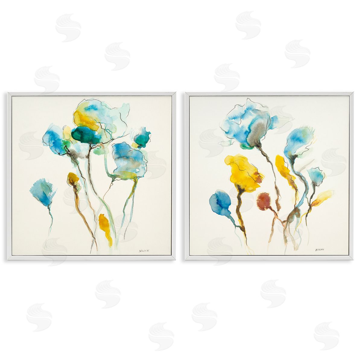 Patti Mann Watercolor Teal & Yellow Flowers White Framed Giclee Wall Art Print