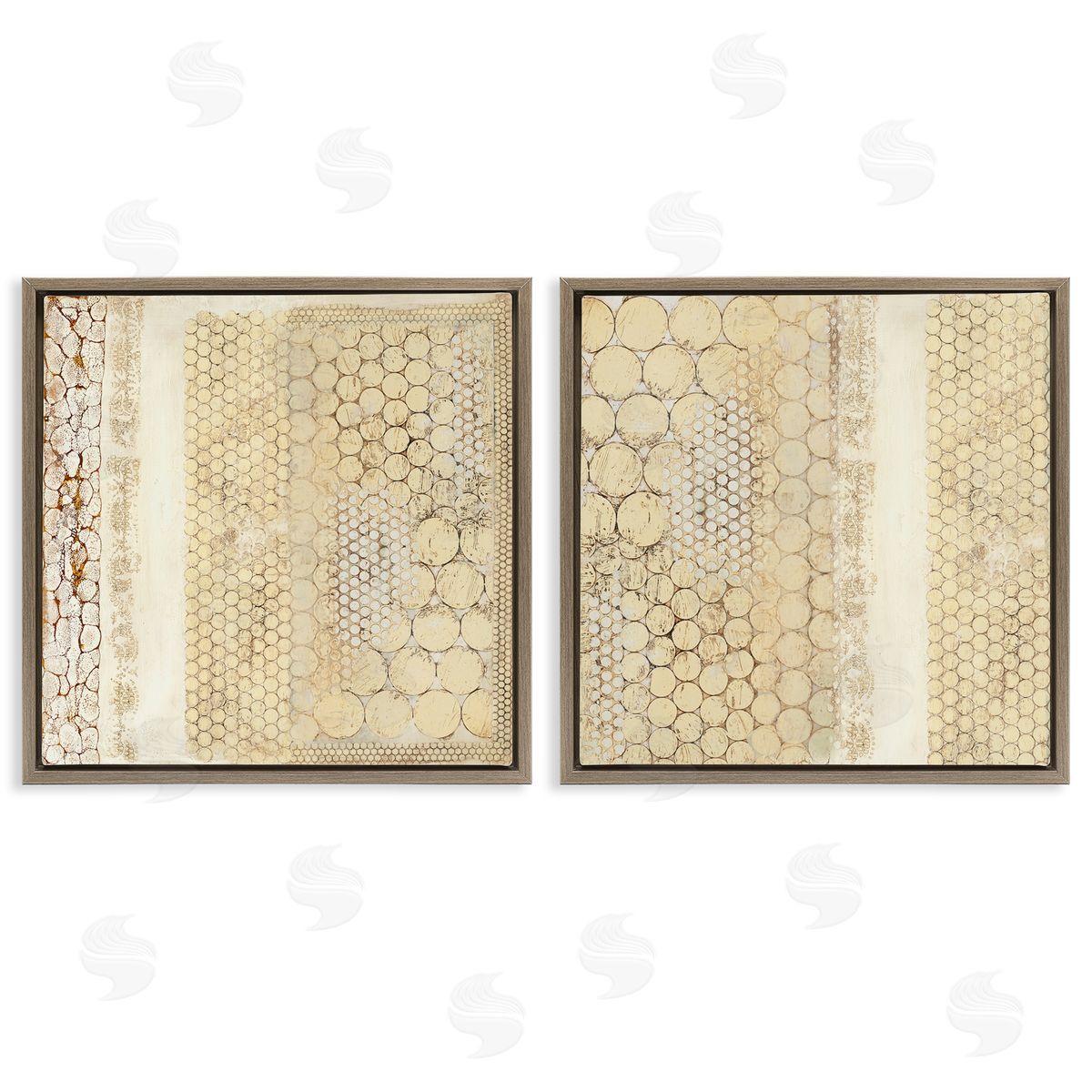 Laura Van Horne Distressed Pale Yellow Circles Brown Floating Frame Canvas Wall Art Print