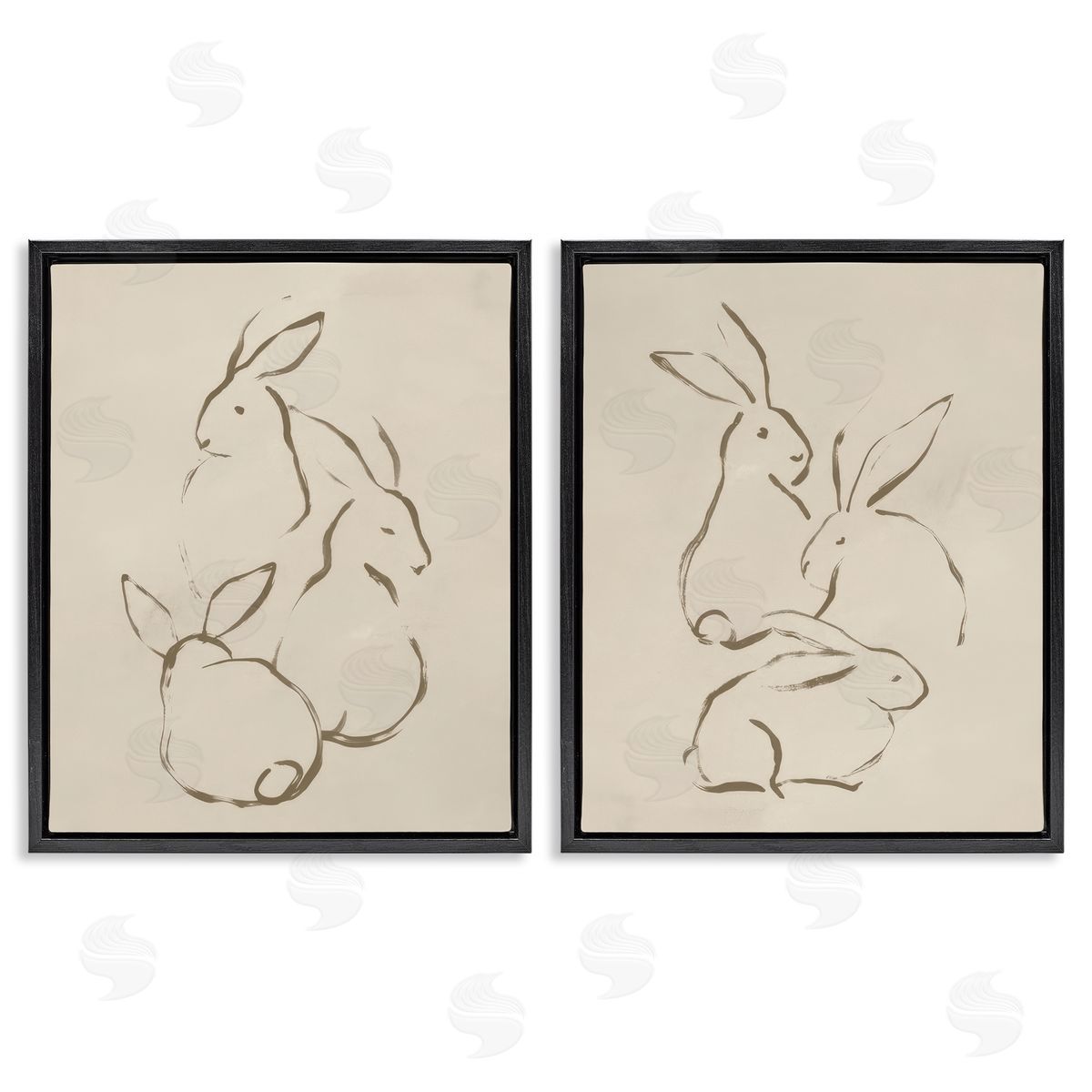 June Erica Vess Earthtone Sitting Rabbits Sketch  Black Floating Frame Canvas Wall Art Print