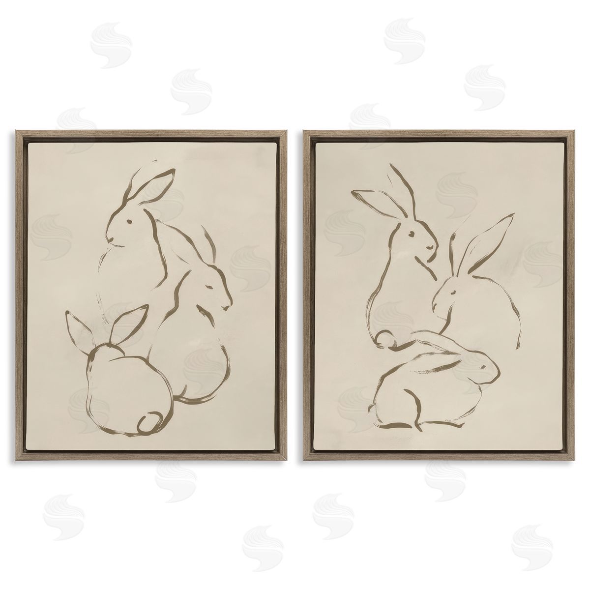 June Erica Vess Earthtone Sitting Rabbits Sketch  Brown Floating Frame Canvas Wall Art Print