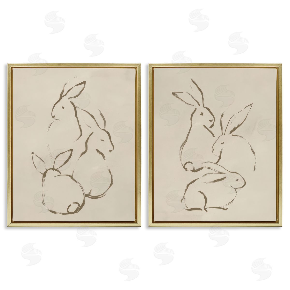 June Erica Vess Earthtone Sitting Rabbits Sketch  Gold Floating Frame Canvas Wall Art Print