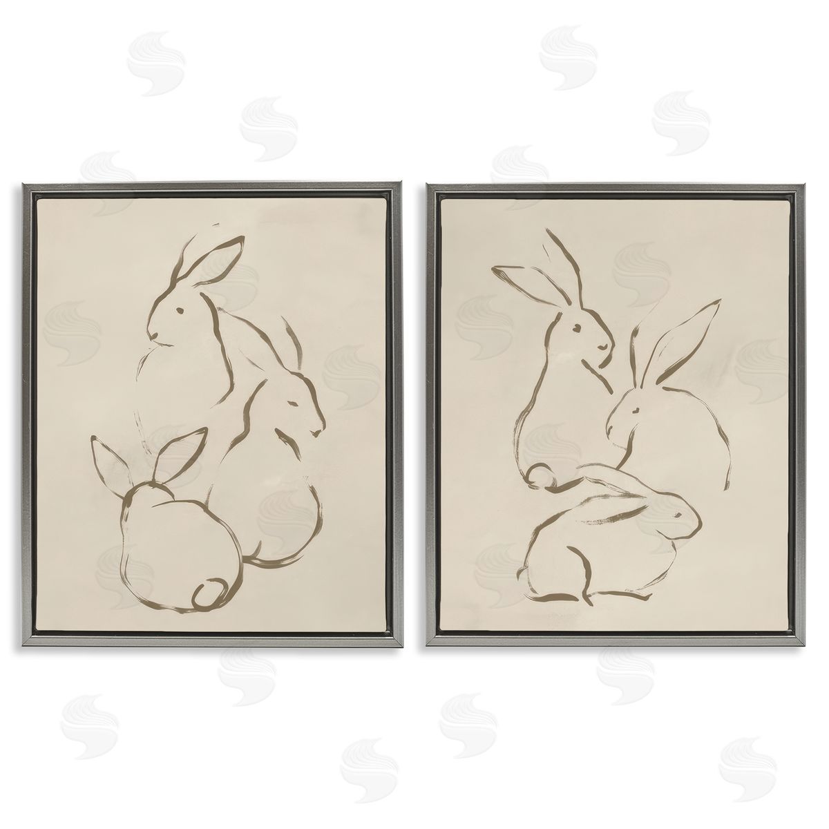 June Erica Vess Earthtone Sitting Rabbits Sketch  Gray Floating Frame Canvas Wall Art Print