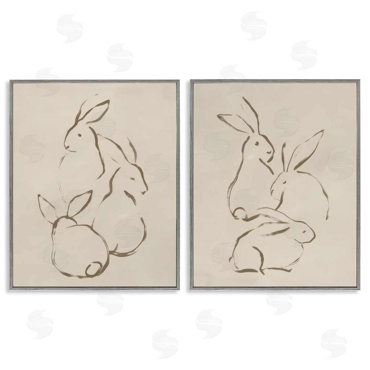 June Erica Vess Earthtone Sitting Rabbits Sketch  Gray Framed Giclee Wall Art Print