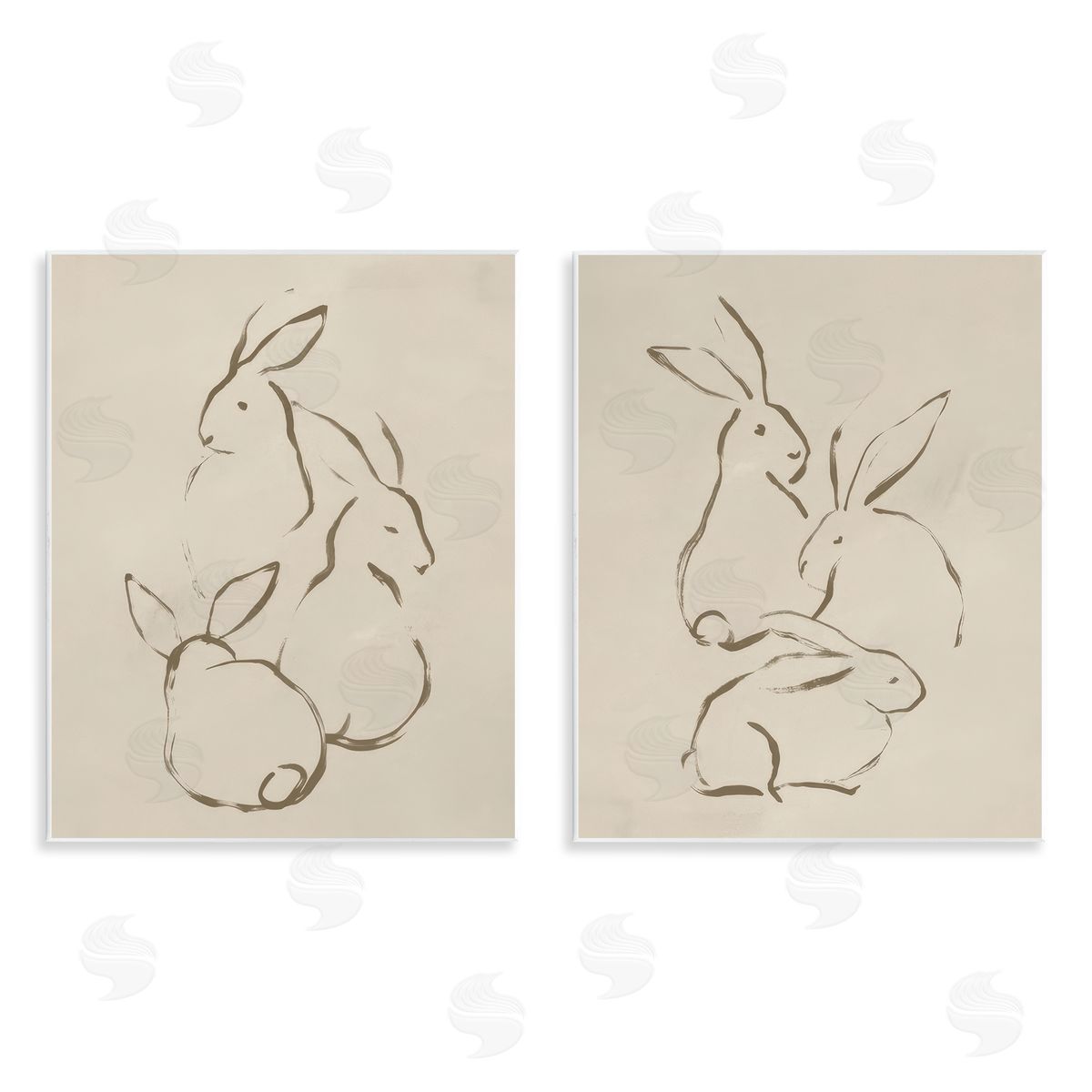 June Erica Vess Earthtone Sitting Rabbits Sketch  Wooden Wall Plaque Art Print