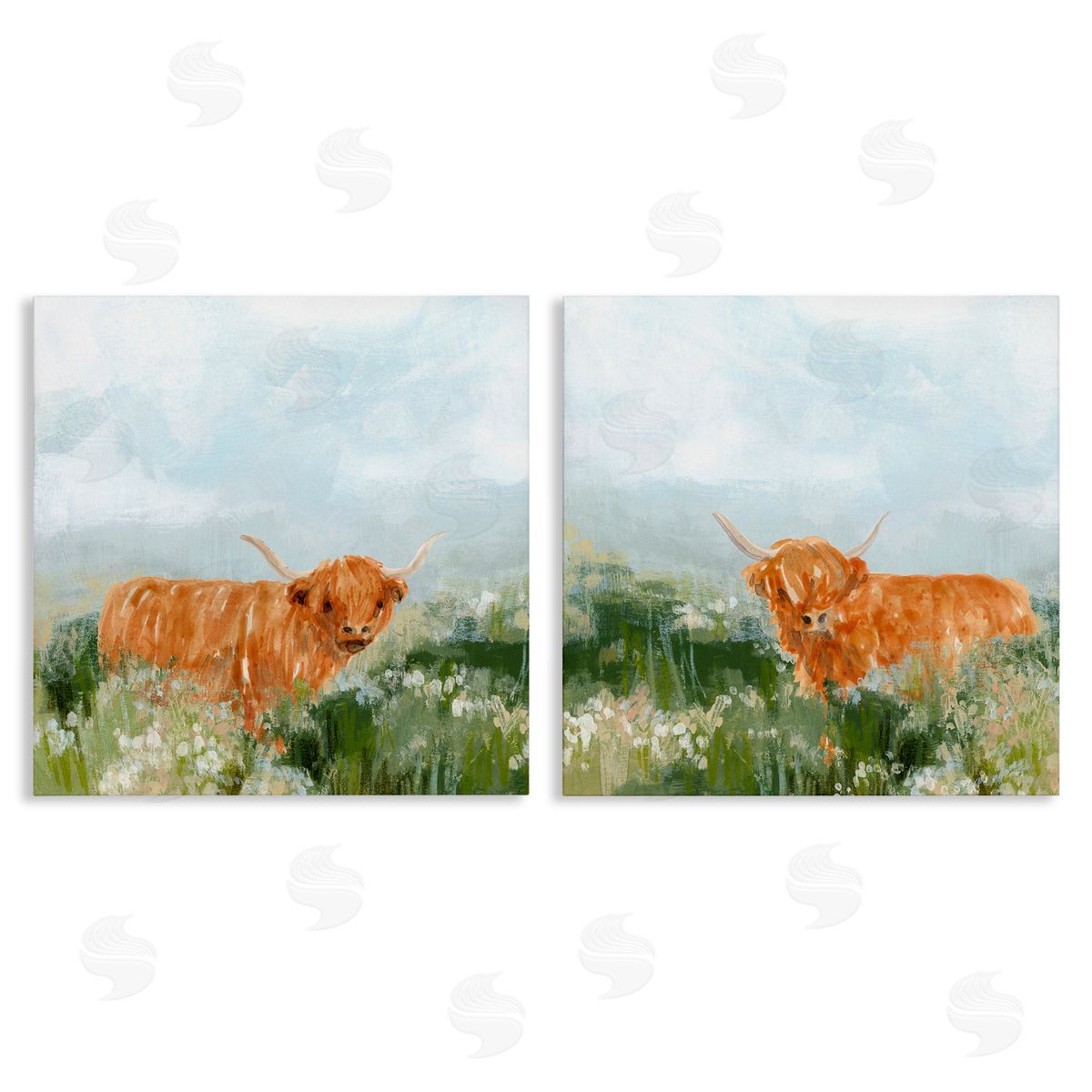 June Erica Vess Shaggy Highland Cow in Field Canvas Wall Art Print