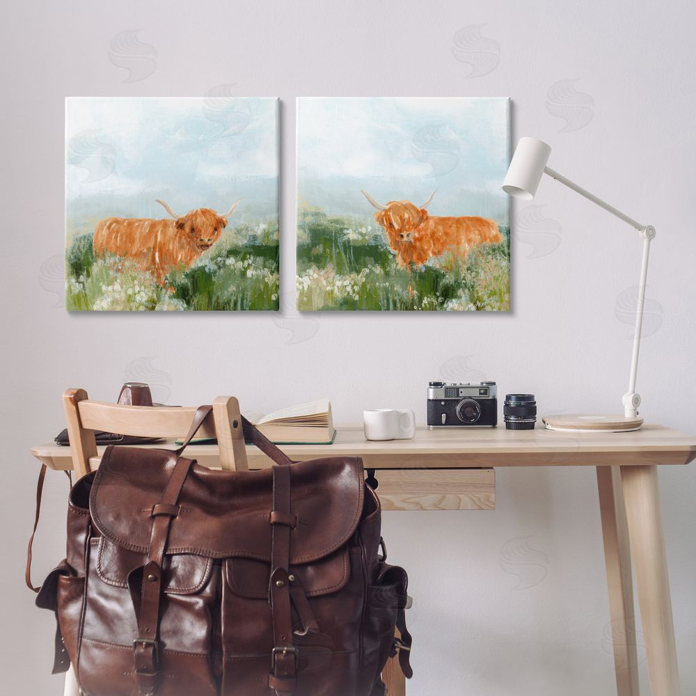 June Erica Vess Shaggy Highland Cow in Field Canvas Wall Art Print in Room