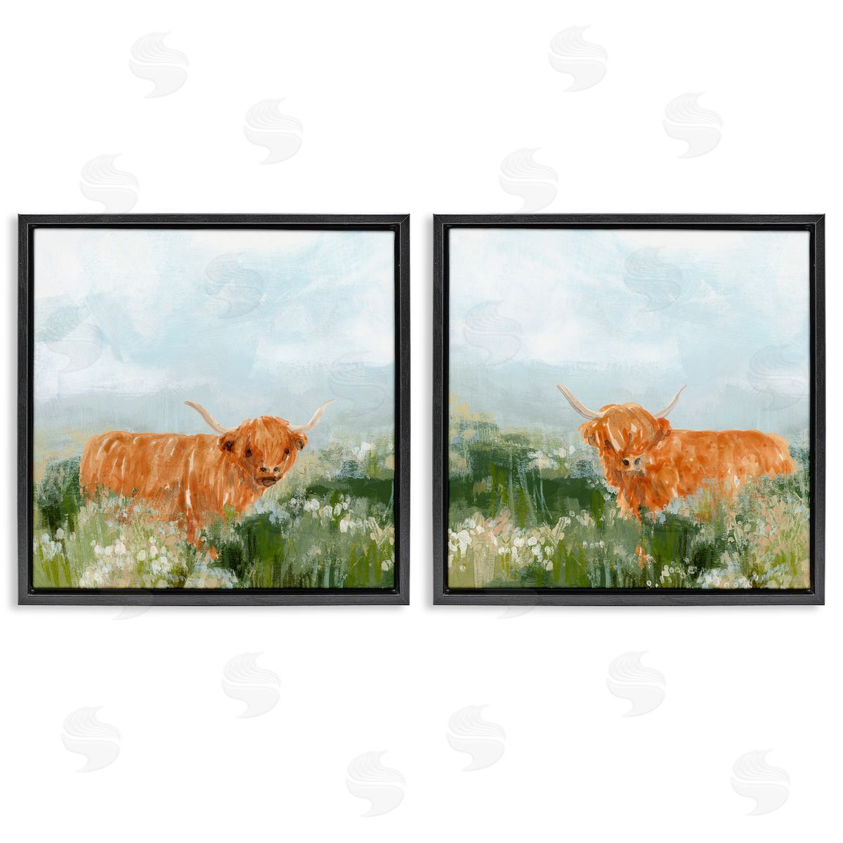 June Erica Vess Shaggy Highland Cow in Field Black Floating Frame Canvas Wall Art Print