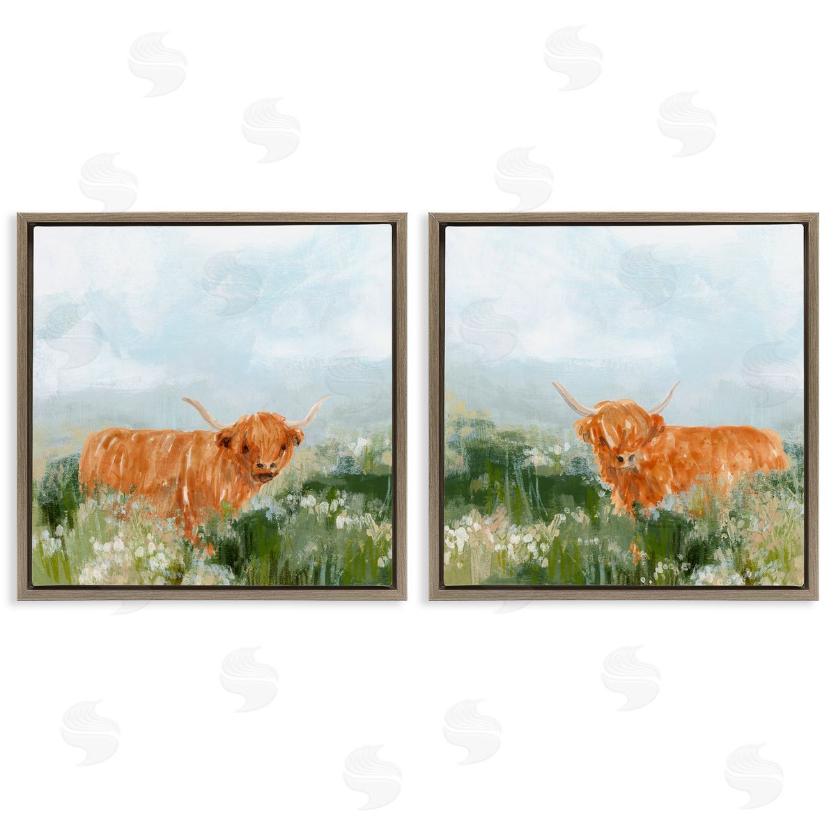 June Erica Vess Shaggy Highland Cow in Field Brown Floating Frame Canvas Wall Art Print