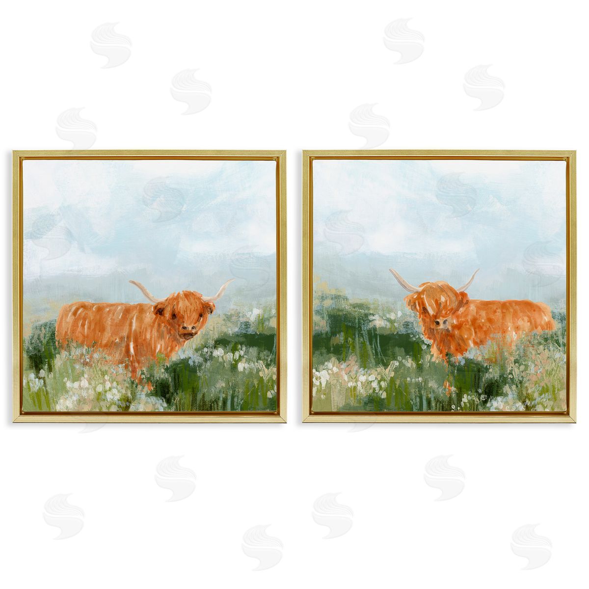 June Erica Vess Shaggy Highland Cow in Field Gold Floating Frame Canvas Wall Art Print