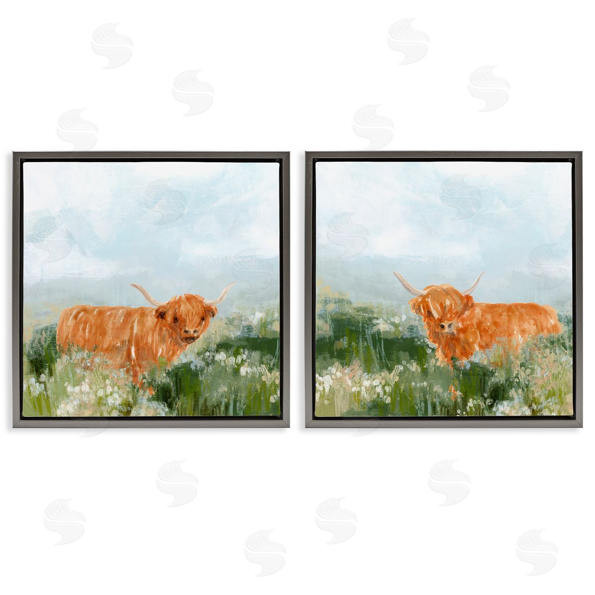 June Erica Vess Shaggy Highland Cow in Field Gray Floating Frame Canvas Wall Art Print