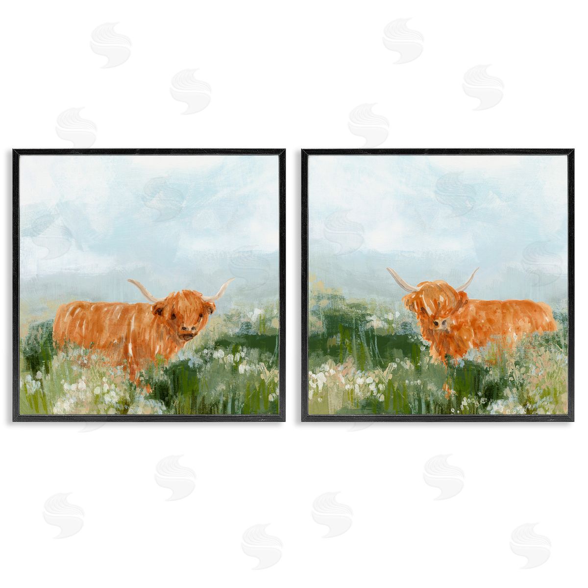 June Erica Vess Shaggy Highland Cow in Field Black Framed Giclee Wall Art Print