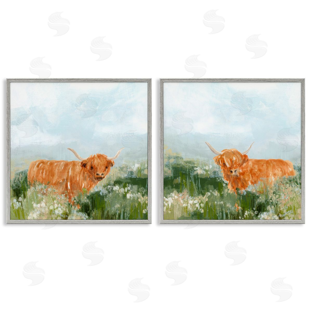 June Erica Vess Shaggy Highland Cow in Field Gray Framed Giclee Wall Art Print