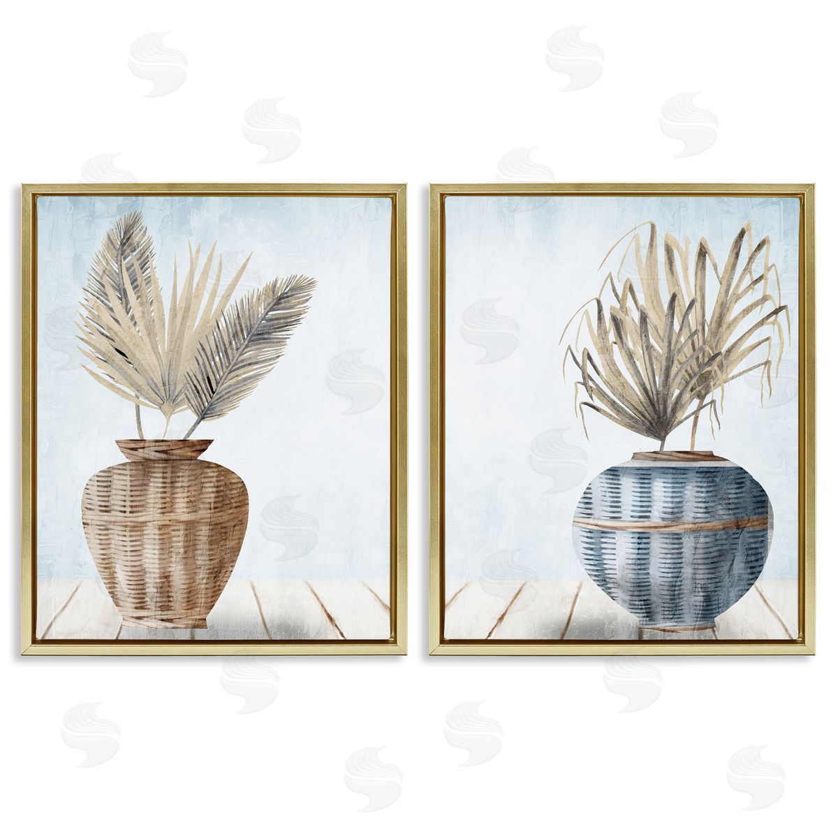 Kim Allen Palms in Rattan Planters Gold Floating Frame Canvas Wall Art Print