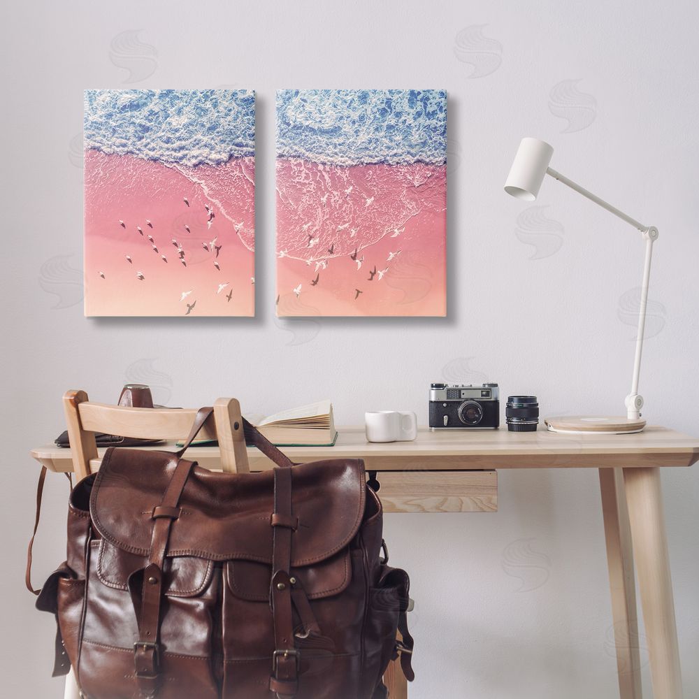 Nataly White Minimalist Aerial Beach Canvas Wall Art Print in Room