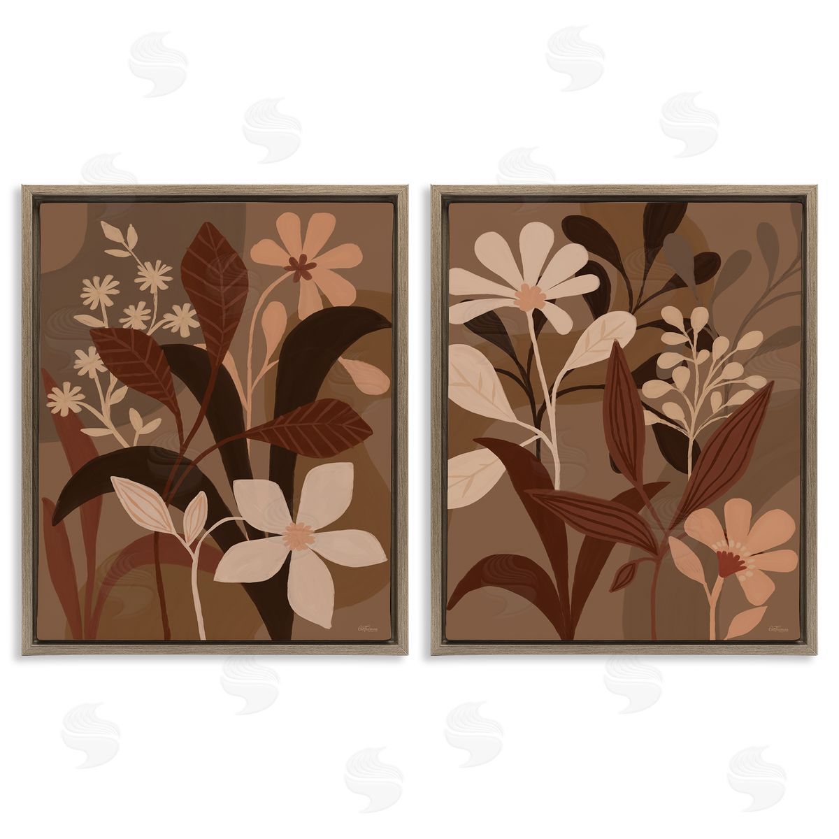 Cat Thurman Designs Modern Boho Flower Bundle Brown Floating Frame Canvas Wall Art Print