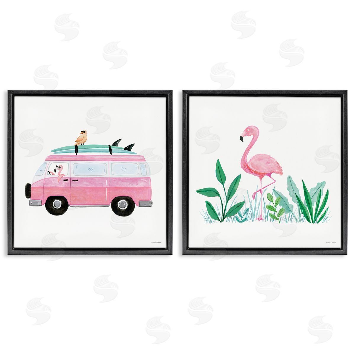Rachel Nieman Flamingos Tropical Vacation Black Floating Frame Canvas Wall Art Print