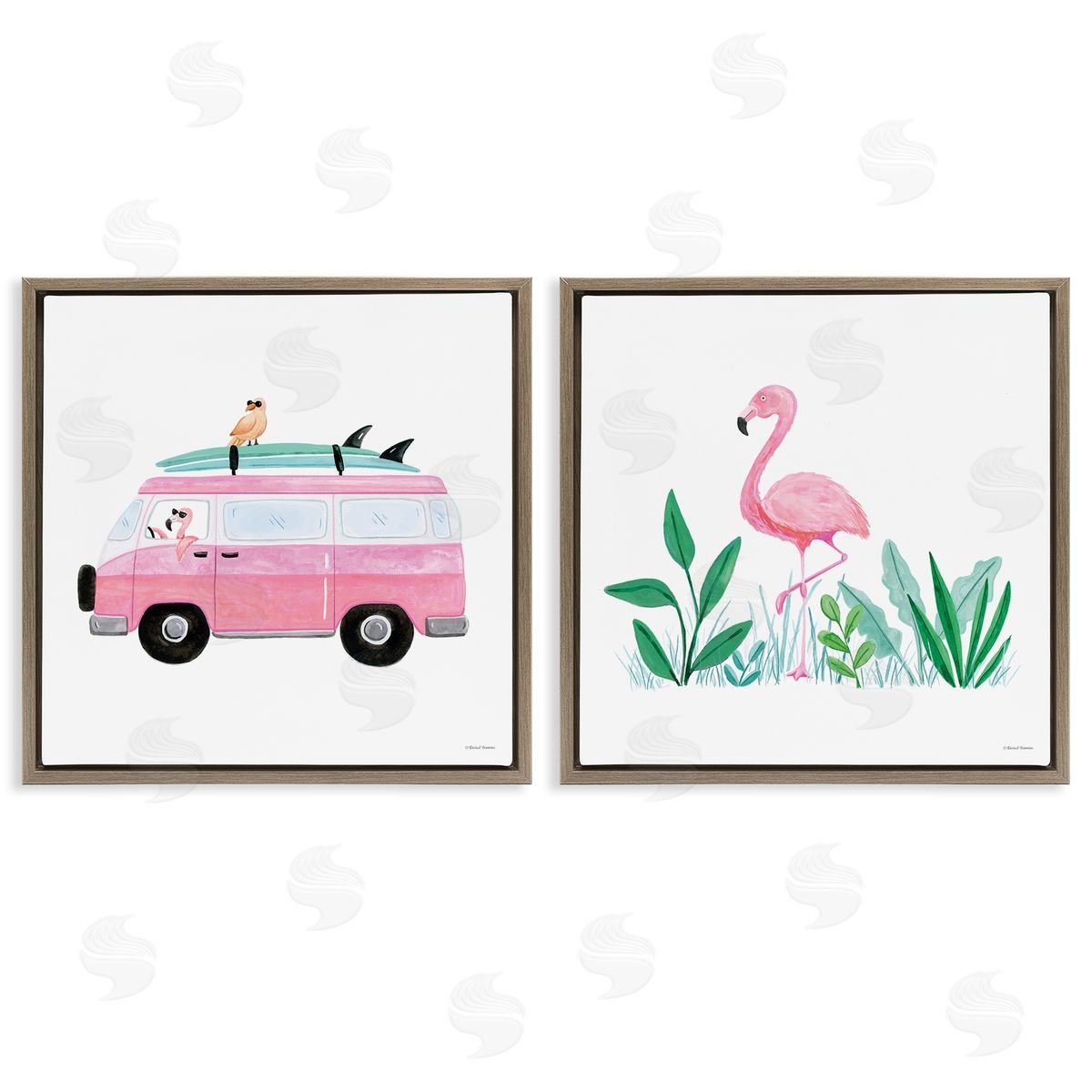 Rachel Nieman Flamingos Tropical Vacation Brown Floating Frame Canvas Wall Art Print