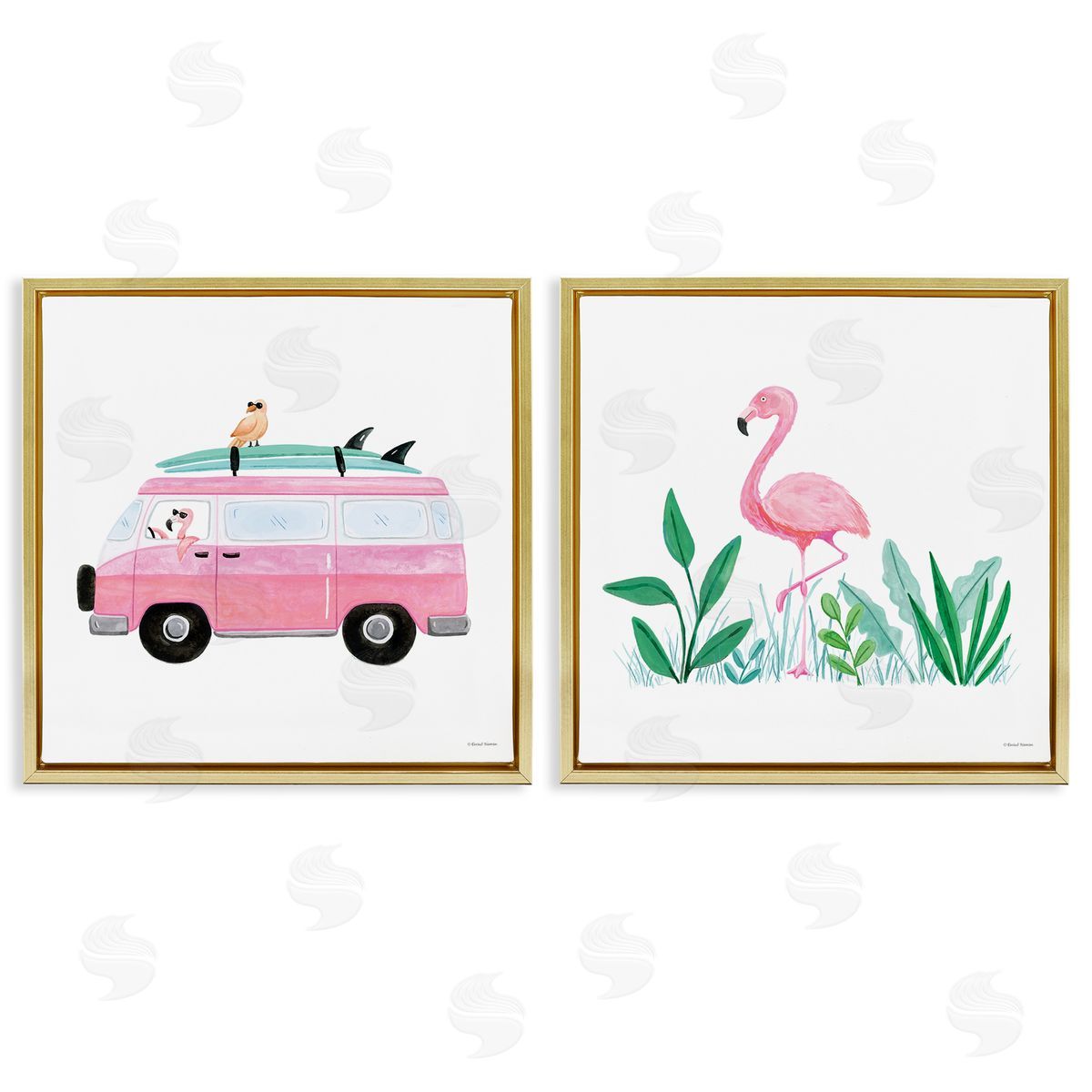 Rachel Nieman Flamingos Tropical Vacation Gold Floating Frame Canvas Wall Art Print