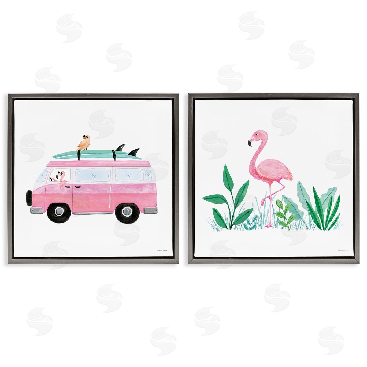 Rachel Nieman Flamingos Tropical Vacation Gray Floating Frame Canvas Wall Art Print