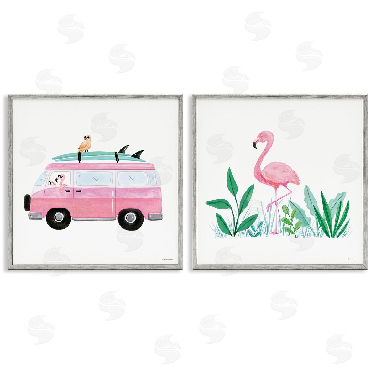 Rachel Nieman Flamingos Tropical Vacation Gray Framed Giclee Wall Art Print