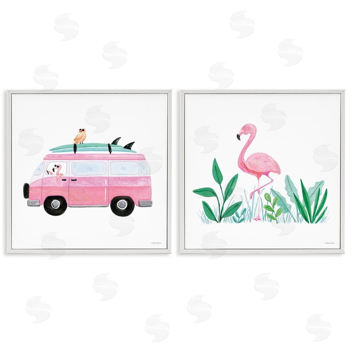 Rachel Nieman Flamingos Tropical Vacation White Framed Giclee Wall Art Print