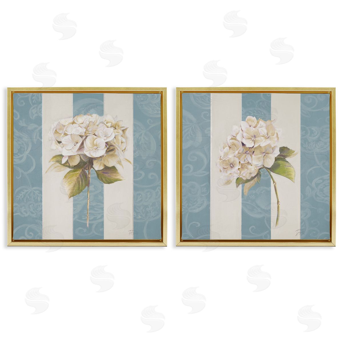 Patricia Pinto Hydrangeas on Blue Strips Gold Floating Frame Canvas Wall Art Print