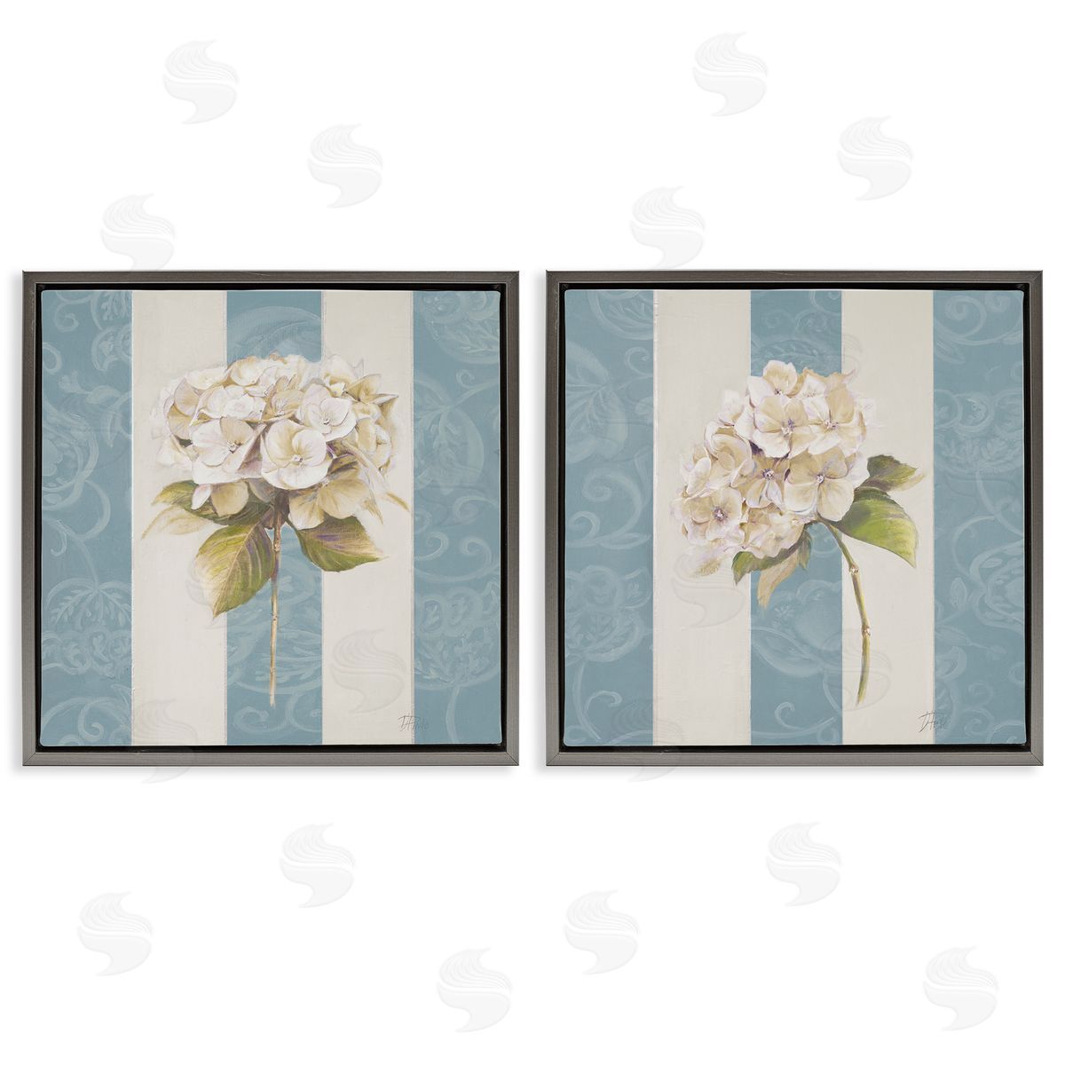 Patricia Pinto Hydrangeas on Blue Strips Gray Floating Frame Canvas Wall Art Print