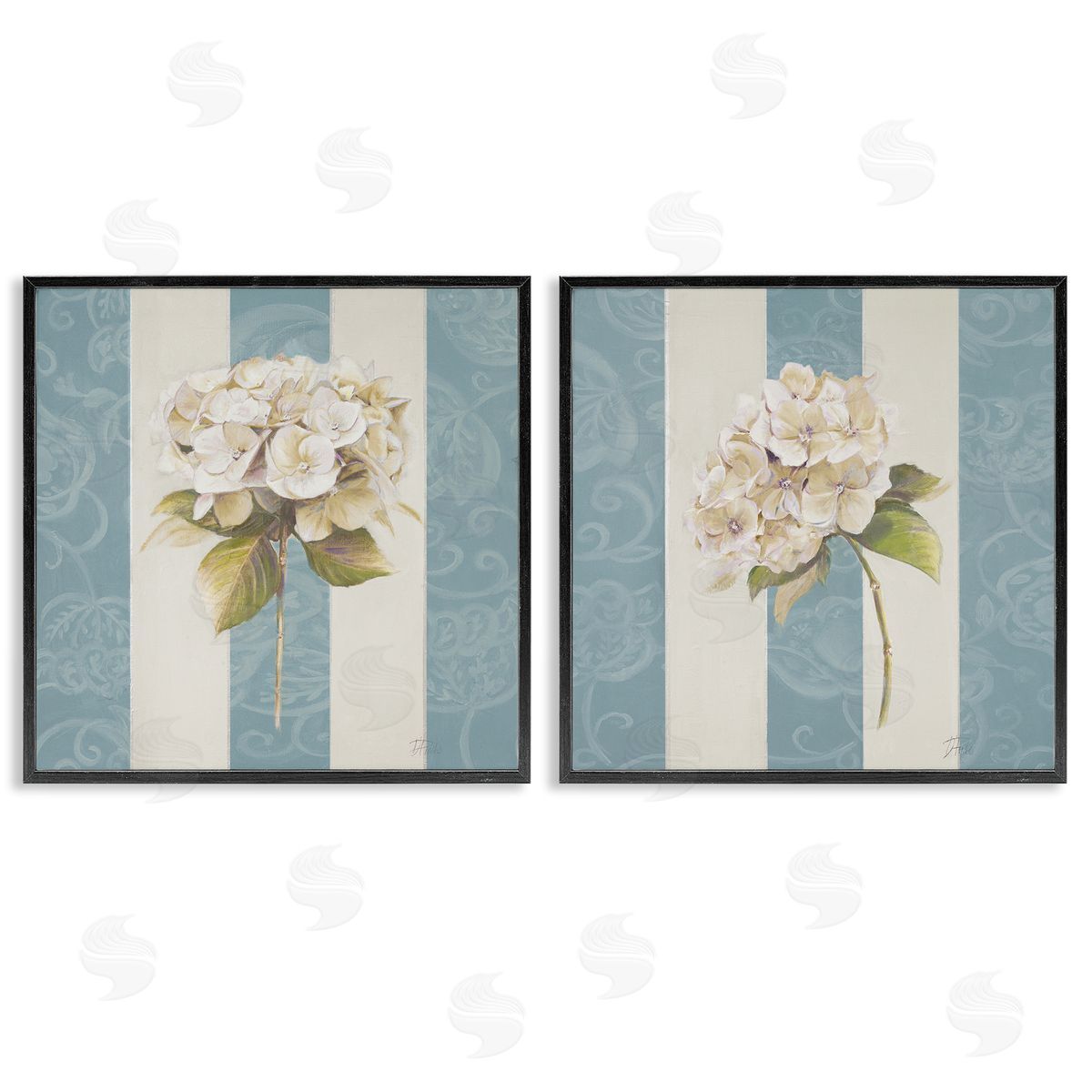 Patricia Pinto Hydrangeas on Blue Strips Black Framed Giclee Wall Art Print