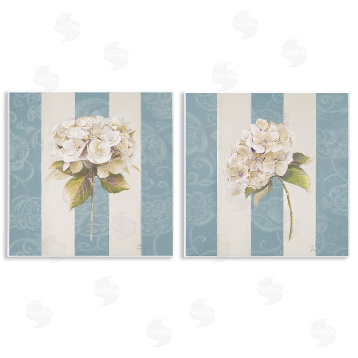 Patricia Pinto Hydrangeas on Blue Strips Wooden Wall Plaque Art Print
