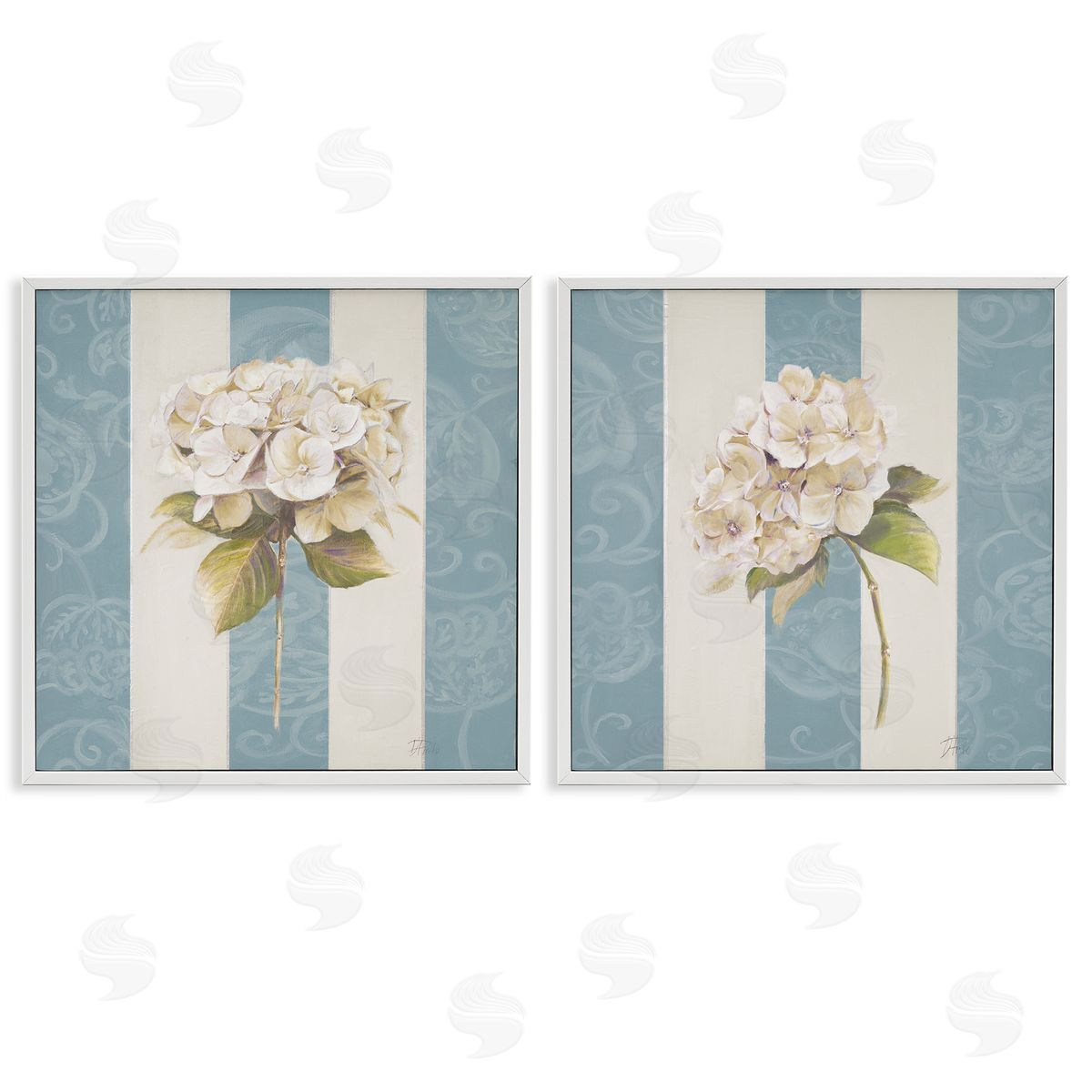 Patricia Pinto Hydrangeas on Blue Strips White Framed Giclee Wall Art Print