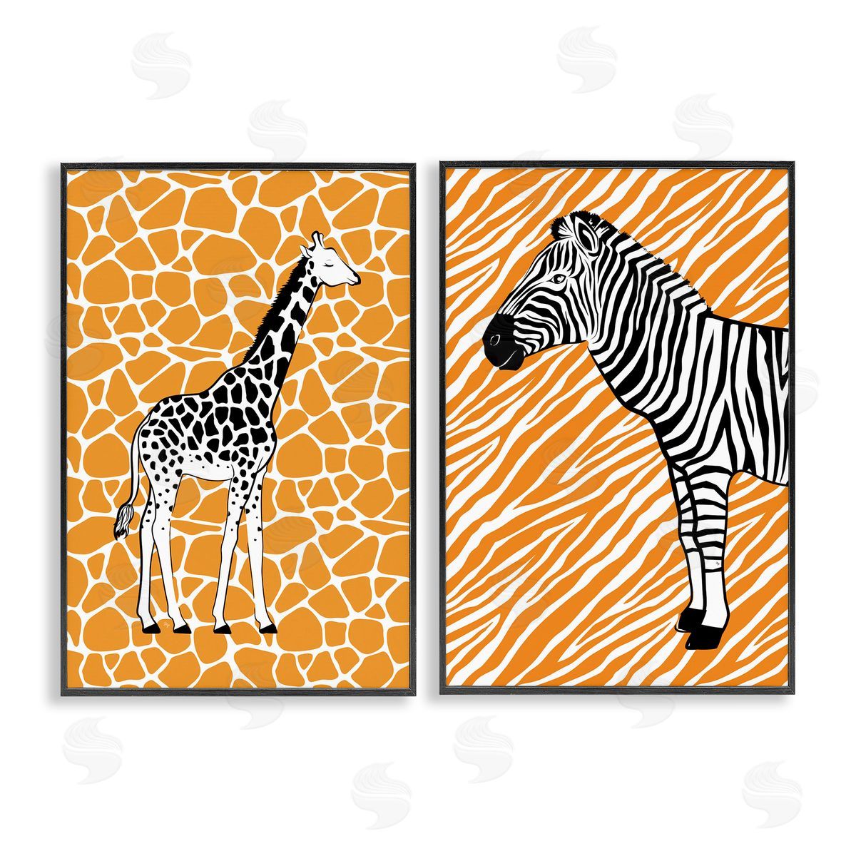 Martina Pavlova Jungle Animals on Orange Black Framed Giclee Wall Art Print