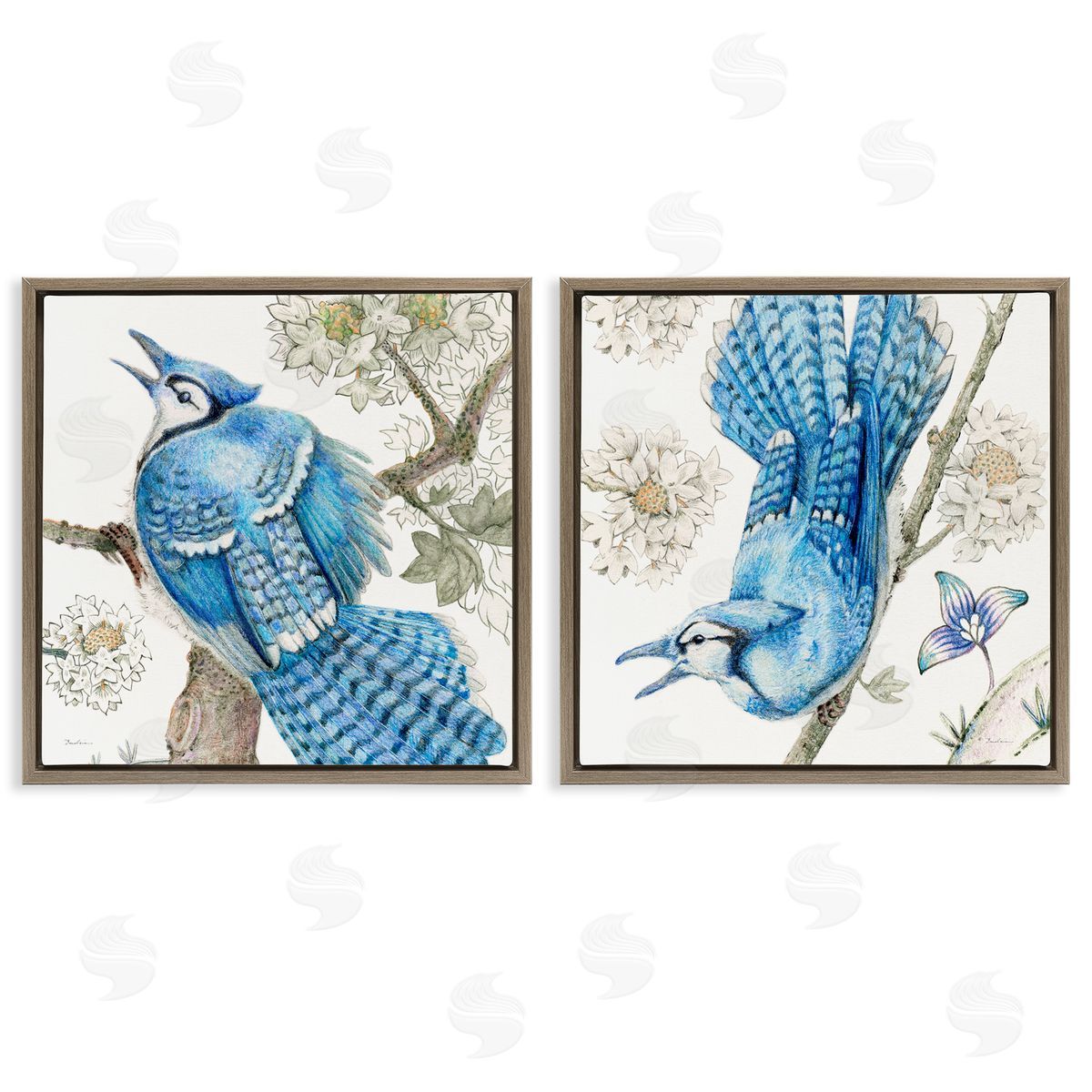 Blue Jays with White Blossoms Brown Floating Frame Canvas Wall Art, Home Decor by Evelia Designs