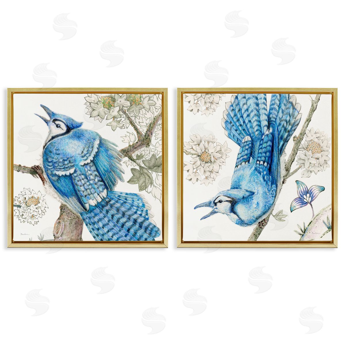 Blue Jays with White Blossoms Gold Floating Frame Canvas Wall Art, Home Decor by Evelia Designs