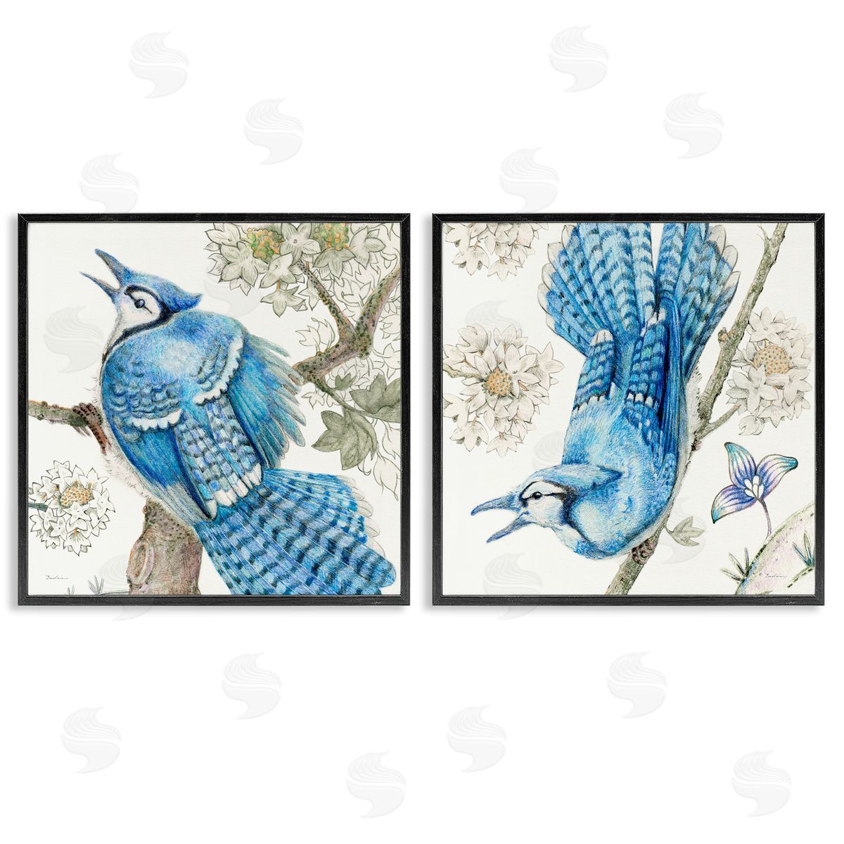 Blue Jays with White Blossoms Black Frame Print Wall Art, Home Decor by Evelia Designs