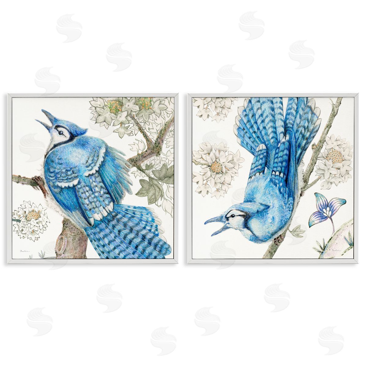 Blue Jays with White Blossoms White Frame Print Wall Art, Home Decor by Evelia Designs