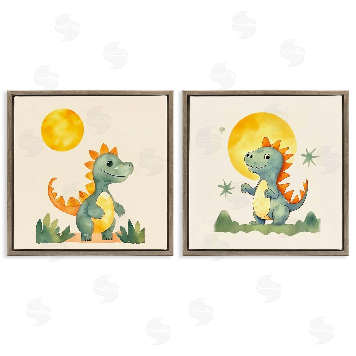 Happy Dinos & Moon Brown Floating Frame Canvas Wall Art, Home Decor by Andrea Haase