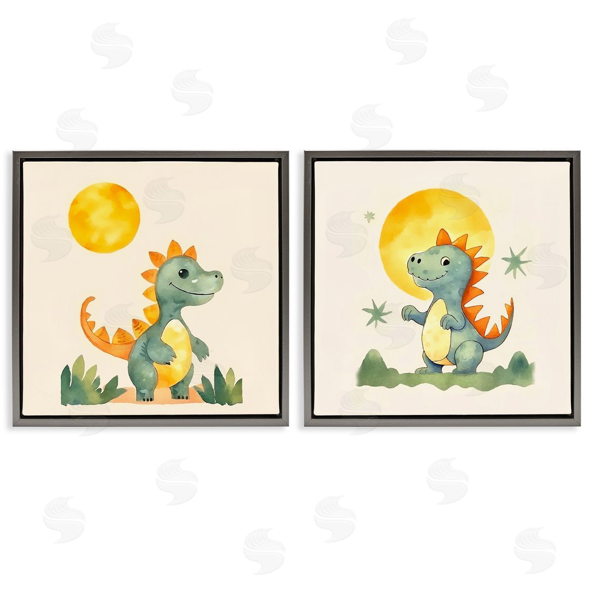 Happy Dinos & Moon Grey Floating Frame Canvas Wall Art, Home Decor by Andrea Haase