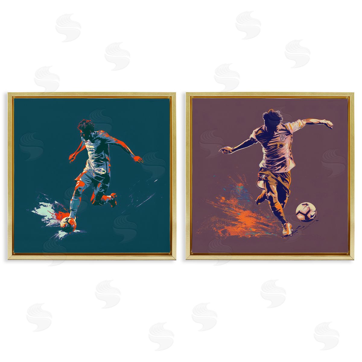 Kicking Soccer Ball Goal Gold Floating Frame Canvas Wall Art, Home Decor by Lazar Studio