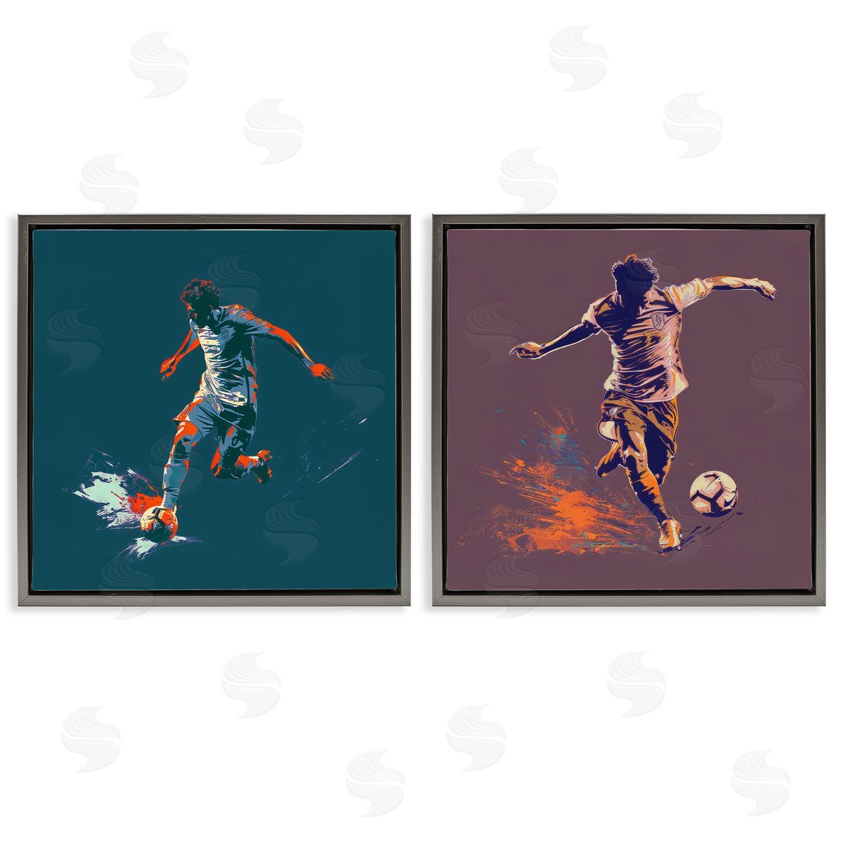 Kicking Soccer Ball Goal Grey Floating Frame Canvas Wall Art, Home Decor by Lazar Studio