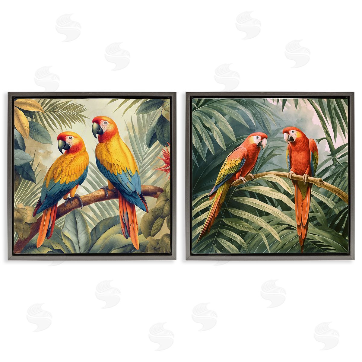 Resting Parrots Among Jungle Grey Floating Frame Canvas Wall Art, Home Decor by Steve Hunziker